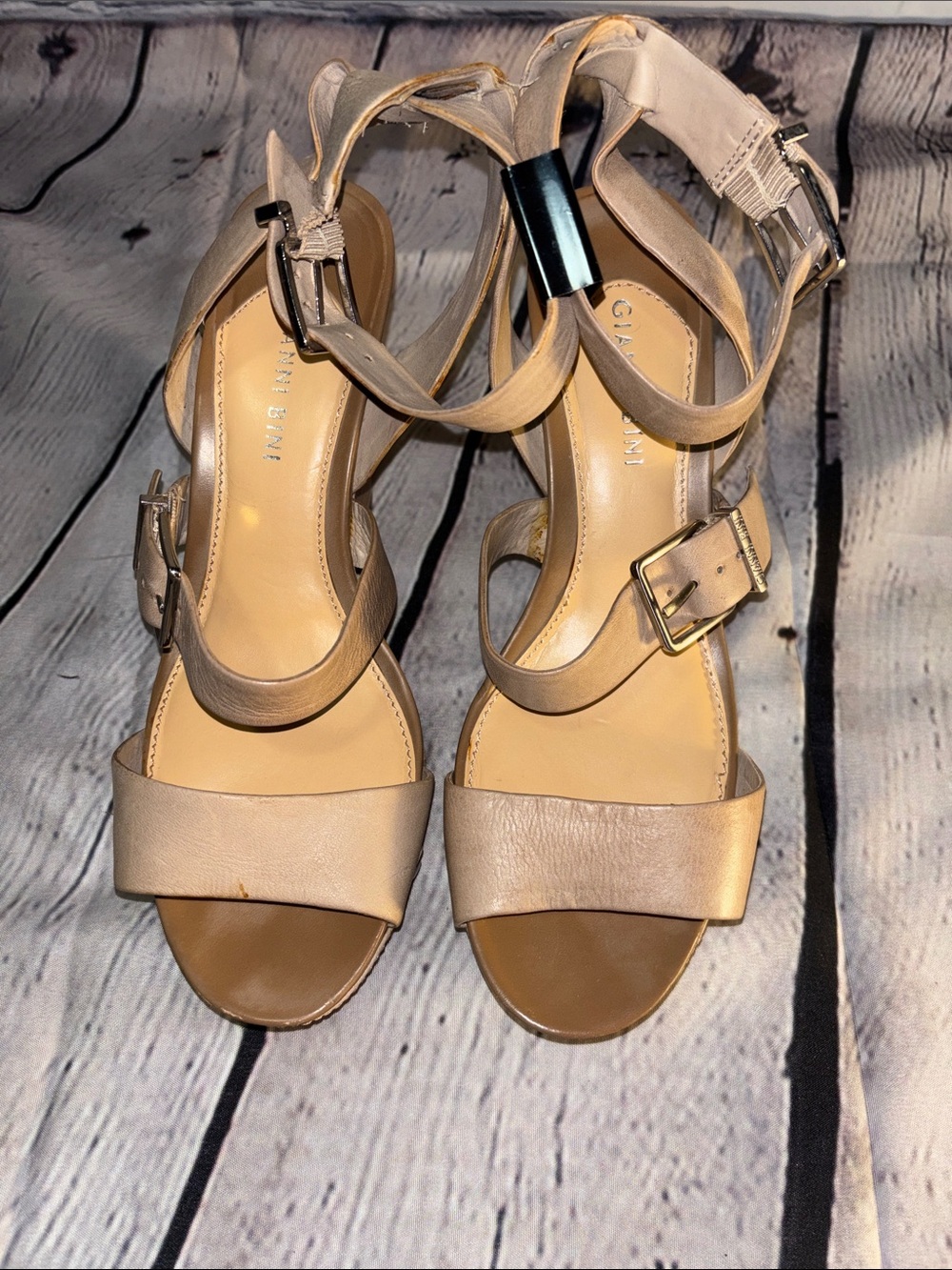 Gianni Bini Tan and Silver hardware Strappy Wedge Sandals